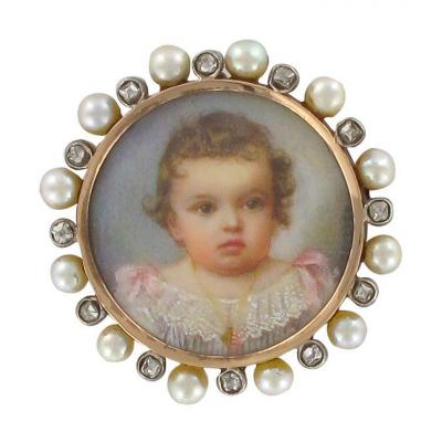 Broche Ancienne Miniature Perles Fines Et Diamants