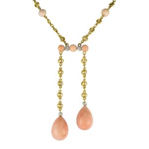 Collier Ancien Négligé Corail Peau d'Ange Et Diamants