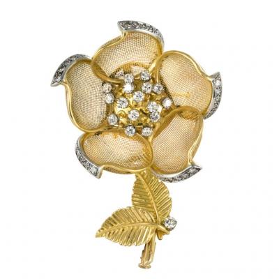 Broche Ancienne Rose Articulée Et Diamants 