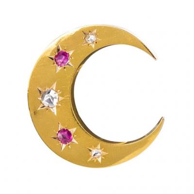 Old Crescent Ruby Diamond Brooch