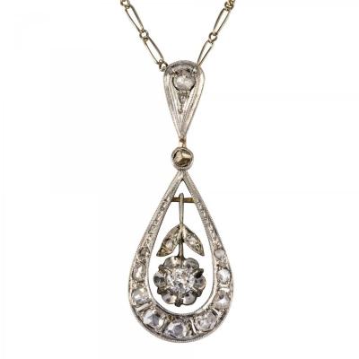 Pendentif Ancien Goutte Diamants Et Sa Chaine