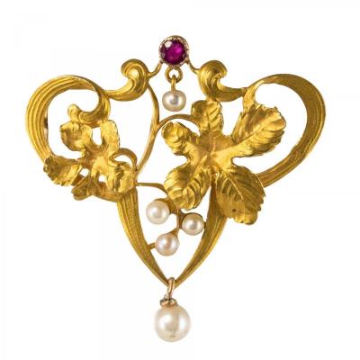 Art Nouveau Ruby Pearl Brooch