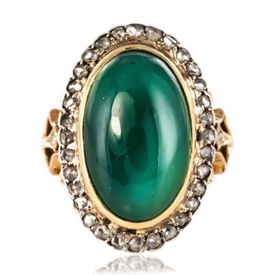 Bague Ancienne Agate Verte Et Diamants Taillés En Rose