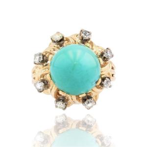 Vintage Turquoise Pain De Sucre And Diamond Ring