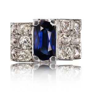 Platinum Sapphire Diamond Art Deco Ring