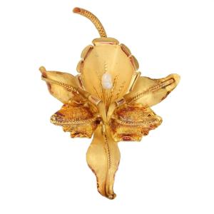 Broche Ancienne Lys En Or Mat Et Perle