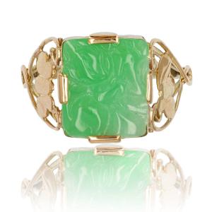 Engraved Jade Art Deco Ring