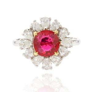 Pigeon's Blood Ruby And Pear Cut Diamonds Ring