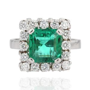 White Gold Ring Emerald Vintage Diamonds