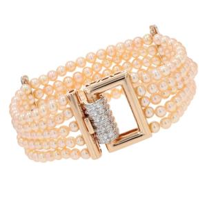 Bracelet Perles De Cultures Rosées Diamants Et Or Rose