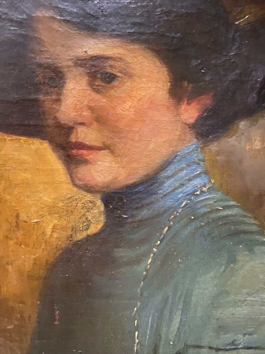 Tableau Huile Sur Toile Époque Belle Époque - Femme à L'Ombrelle Par H.G. Darien - Bon État