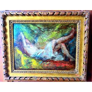 Nineteen Th Lying Nude Painting On Wood Board Impressionist 