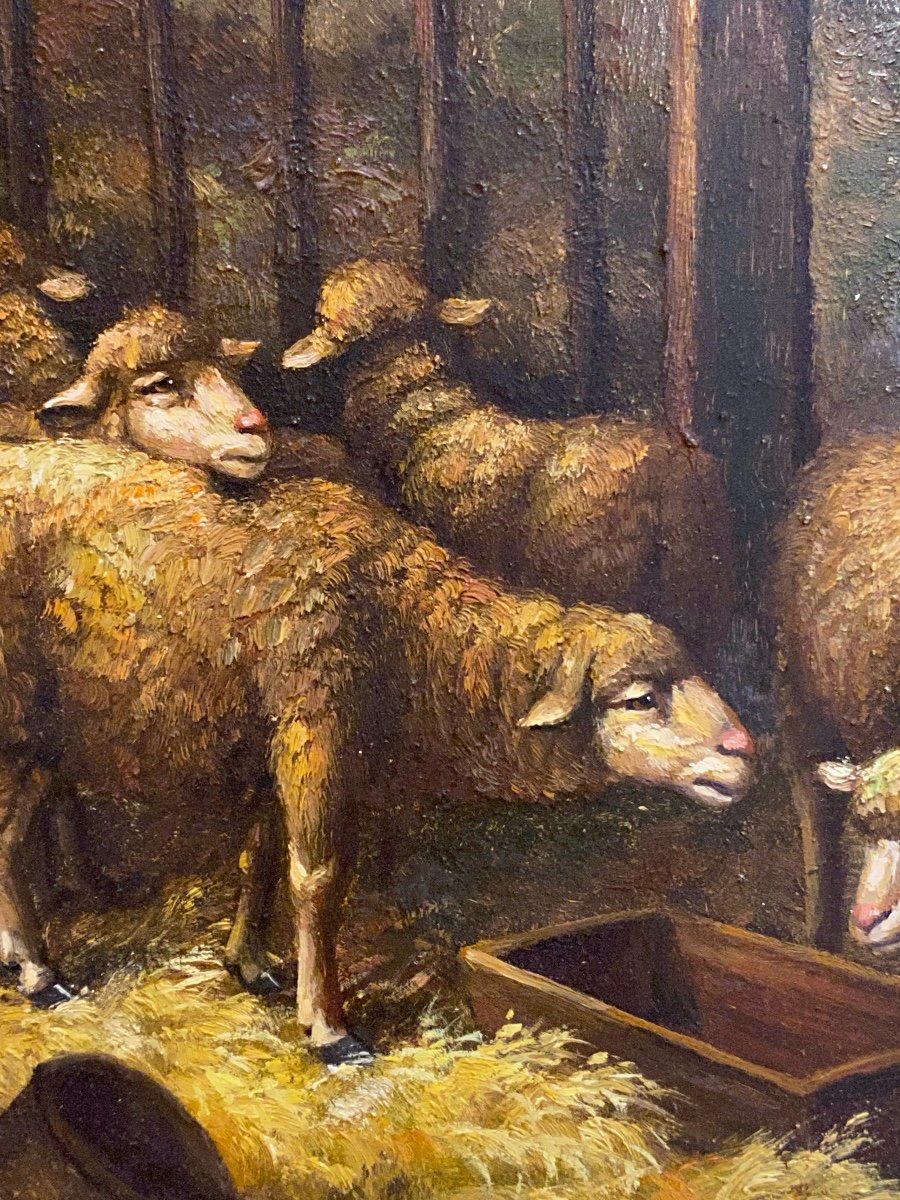 Tableau  Encadré    Sur Panneau Bois  XIX éme  De Moutons  Signé Henri De Buel  Peintre Belge-photo-4