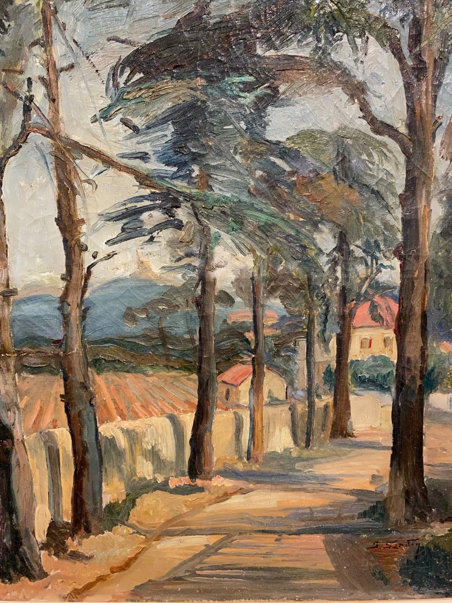 Tableau  d'Une  Allée   De Beaux    Arbres Menant à Un Domaine  Signé  -photo-2