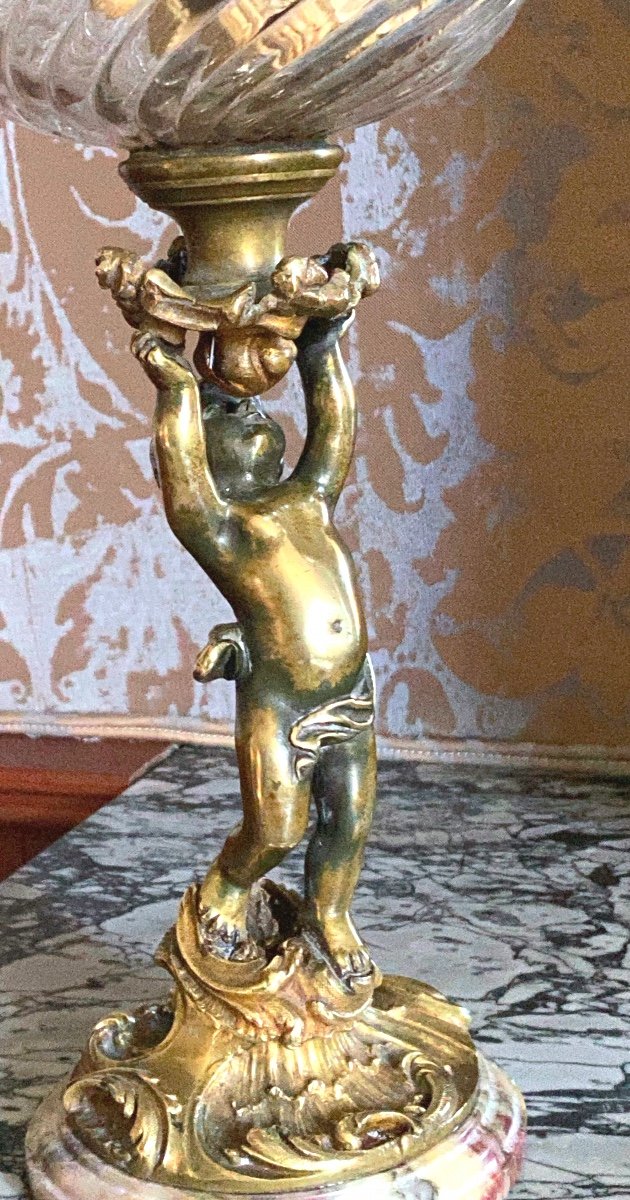 Putto En Bronze   Sur Base En Breche Des Pynénees Tenant Un Globe De Lampe En Crystal Torsadé-photo-4