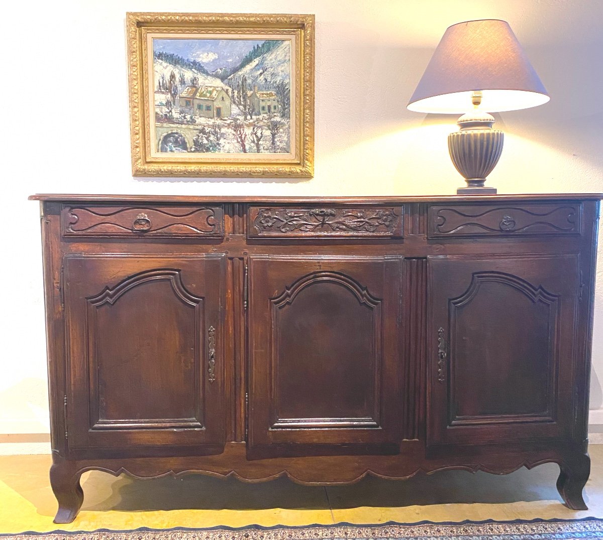 Chateau Sideboard Early 18th Century With Three Carved Drawers And Three Molded Doors
