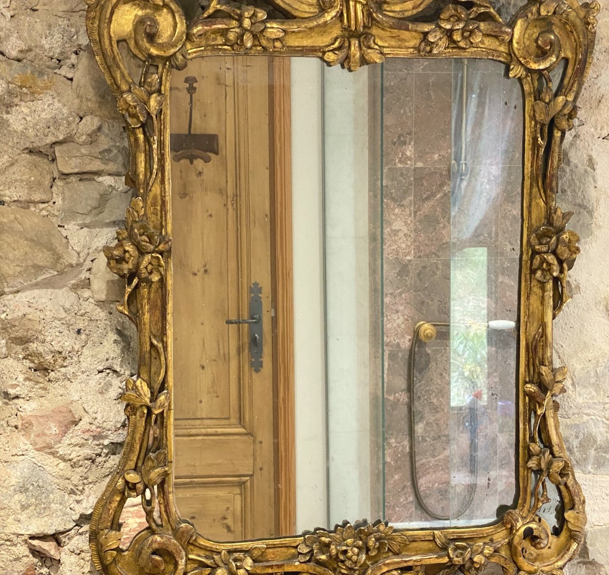 Mirror With Parecloses Carved And Gilded With Floral Pattern Provençal Work Louis XV Period-photo-3