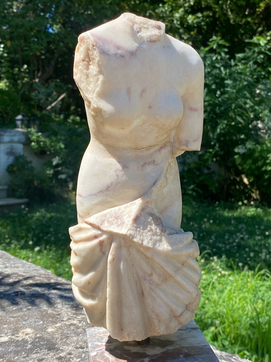 Sculpture   Torso  De Femme  En Marbre  Blanc Veiné    Drapée    À  L' ANTIQUE-photo-3