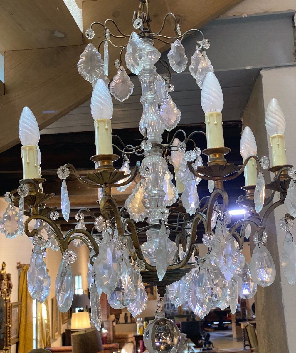 Chandelier With Crystal Tassels On Gilt Bronze Frame-photo-3