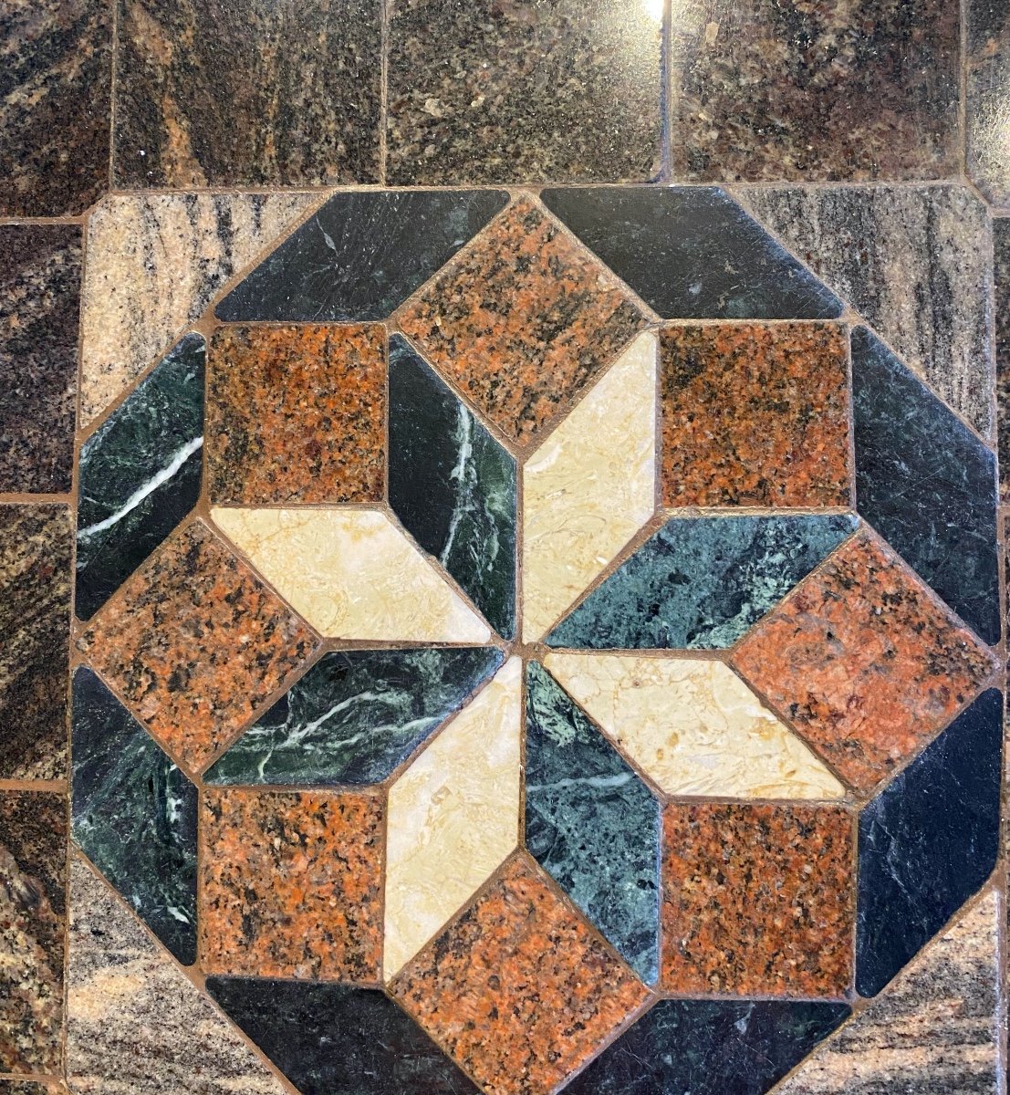 Italian Marble Mosaic Table Top Geometric Shape Wrought Iron Frame-photo-2