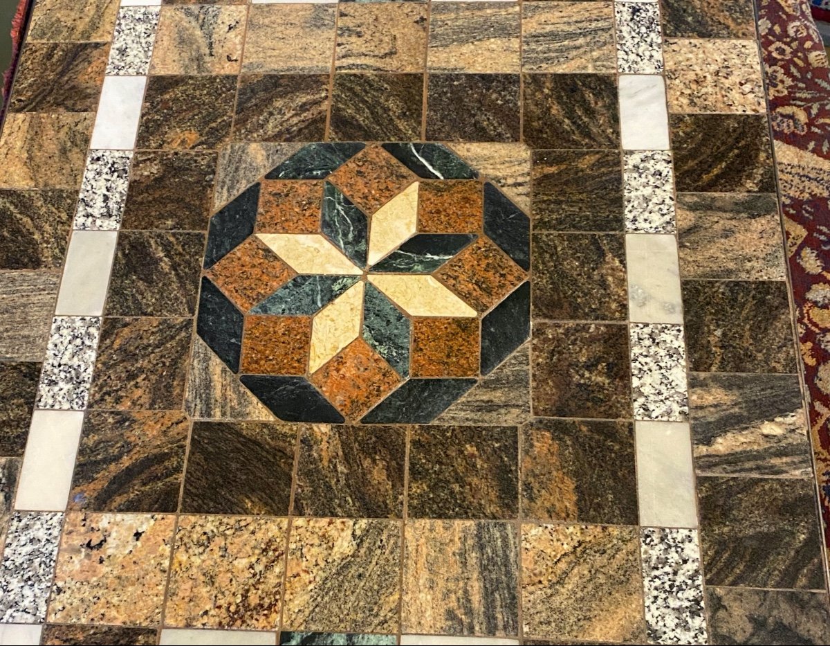 Italian Marble Mosaic Table Top Geometric Shape Wrought Iron Frame-photo-3