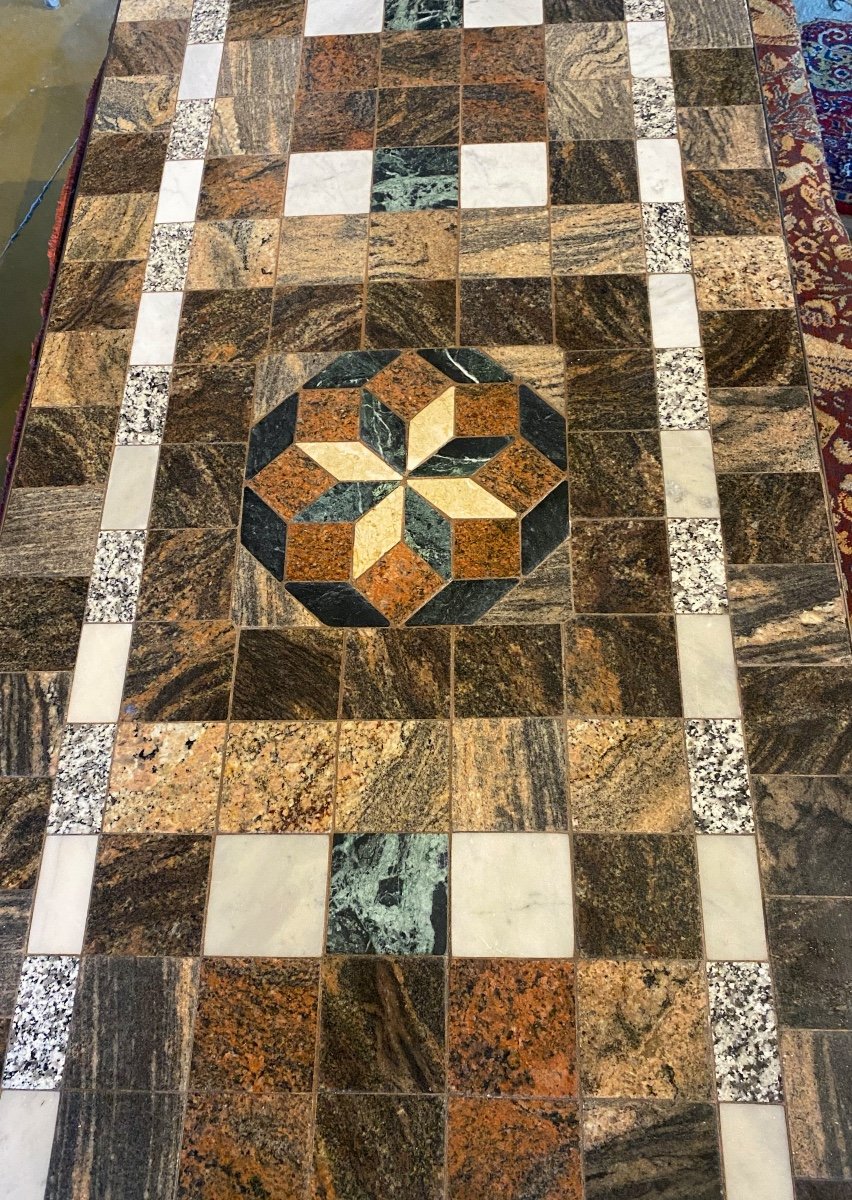 Italian Marble Mosaic Table Top Geometric Shape Wrought Iron Frame