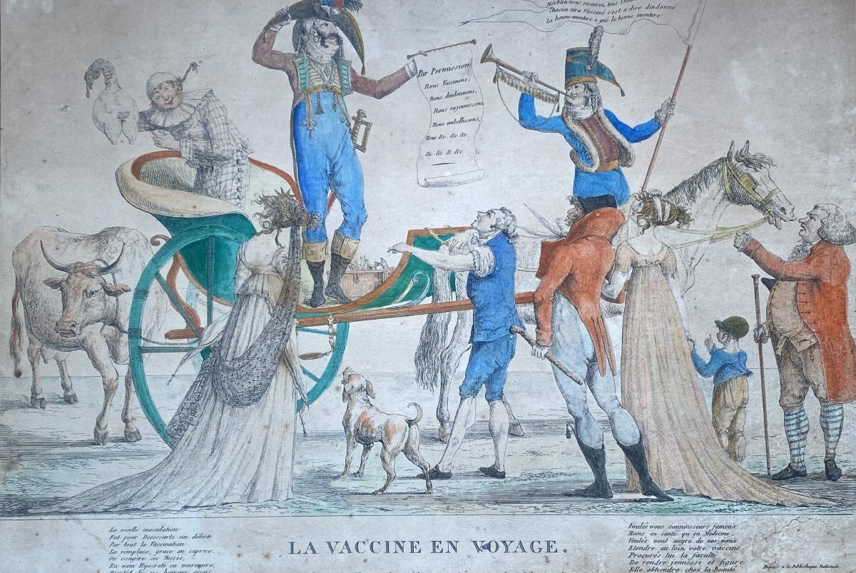 Estampe Peinte  La Vaccine En Voyage      Chez  Depeuille   Graveur  à Paris  1795/ 1800