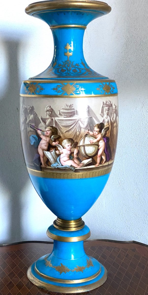 Sevres Blue Celeste Vase, Le Triomphe Des Arts Signed L In Double L Crossed Crowned