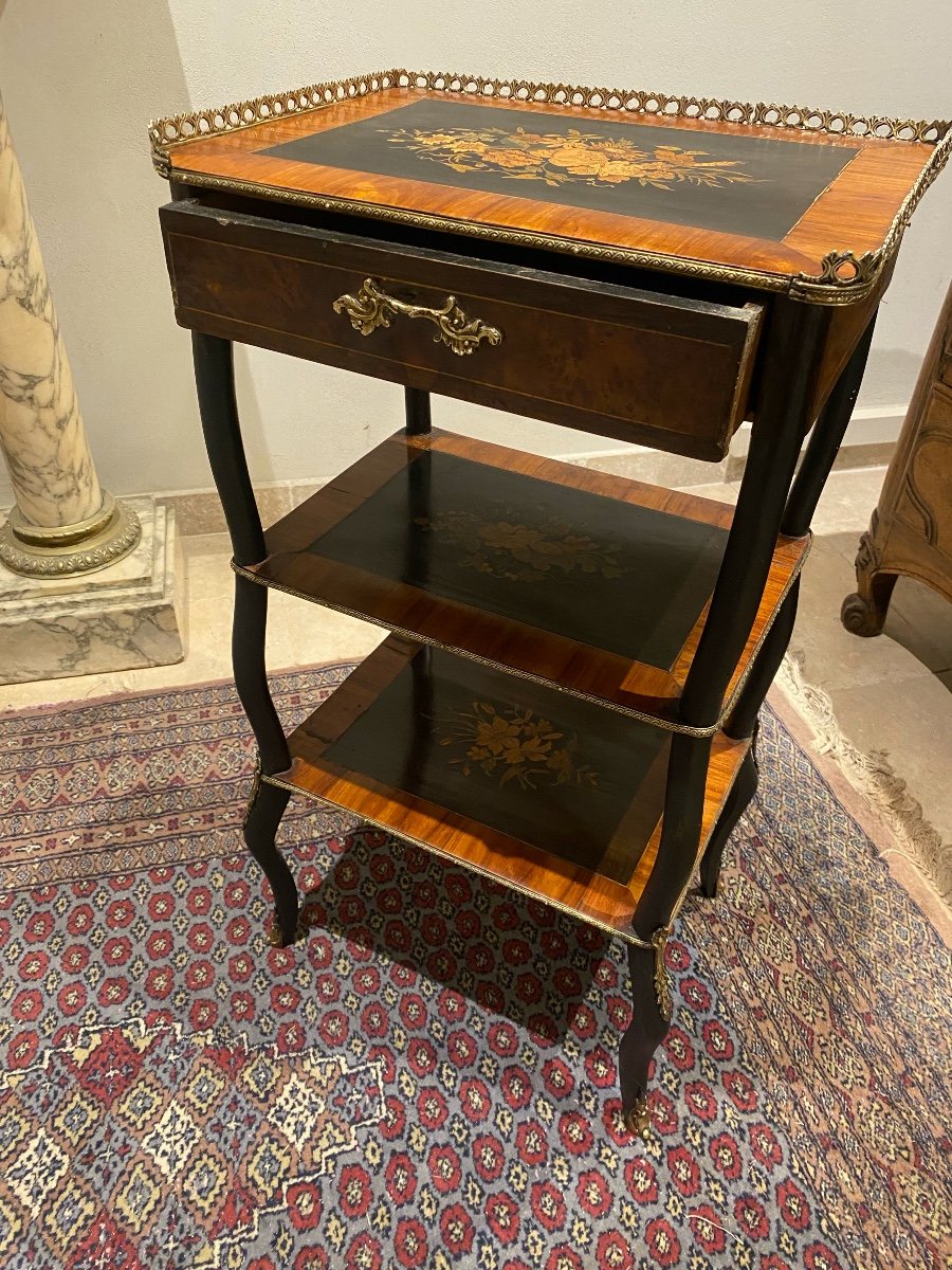 Gueridon Napoleon III With One Drawer And 3 Trays With Beautiful Floral Decoration In Marquetry -photo-3