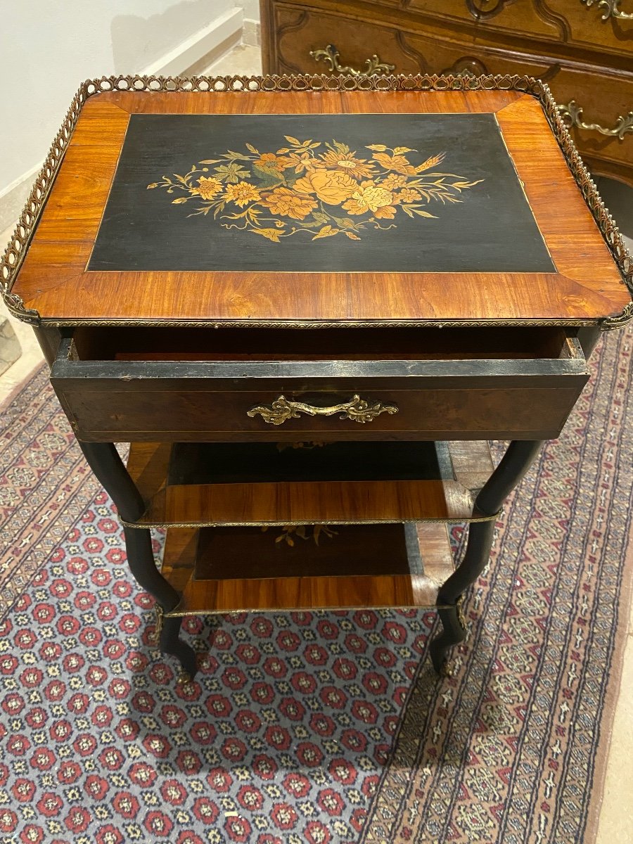 Gueridon Napoleon III With One Drawer And 3 Trays With Beautiful Floral Decoration In Marquetry -photo-4