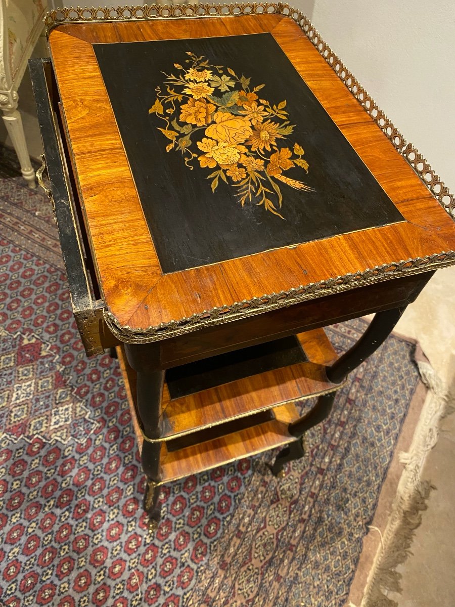 Gueridon Napoleon III With One Drawer And 3 Trays With Beautiful Floral Decoration In Marquetry -photo-5