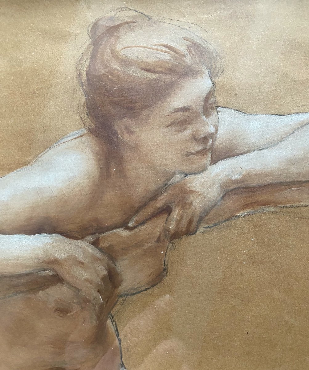 Dessin  Au Fusain  XIX è  De Jeune Femme Nue  S'appuyant Sur Une Branche  Au  Visage  Souriant -photo-4