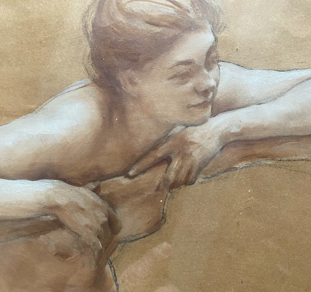 Dessin  Au Fusain  XIX è  De Jeune Femme Nue  S'appuyant Sur Une Branche  Au  Visage  Souriant -photo-1