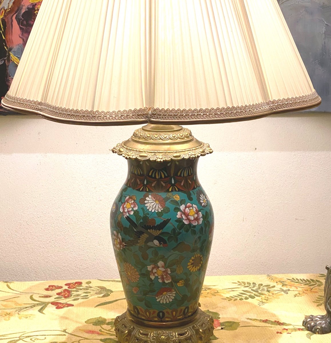 Japanese Vase With Cloisonné Enamels Birds And Flowers Mounted In Oil Lamp On Bronze N  III-photo-2
