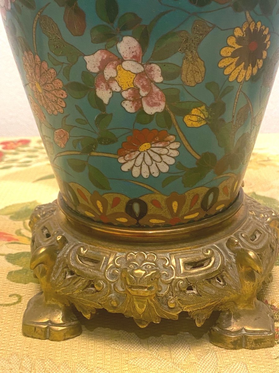 Japanese Vase With Cloisonné Enamels Birds And Flowers Mounted In Oil Lamp On Bronze N  III-photo-3