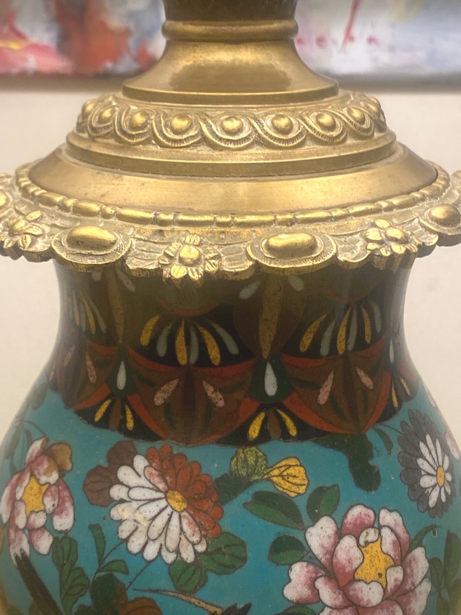 Japanese Vase With Cloisonné Enamels Birds And Flowers Mounted In Oil Lamp On Bronze N  III-photo-4