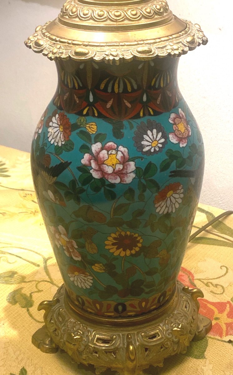 Japanese Vase With Cloisonné Enamels Birds And Flowers Mounted In Oil Lamp On Bronze N  III-photo-3
