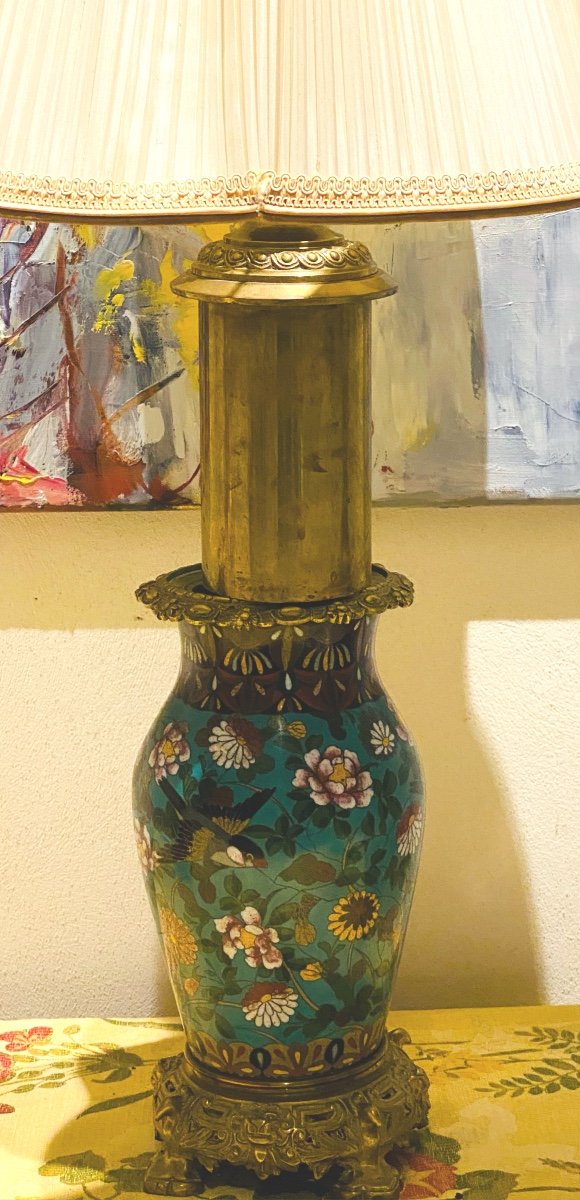Japanese Vase With Cloisonné Enamels Birds And Flowers Mounted In Oil Lamp On Bronze N  III-photo-4