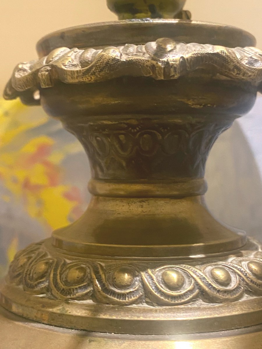 Japanese Vase With Cloisonné Enamels Birds And Flowers Mounted In Oil Lamp On Bronze N  III-photo-6