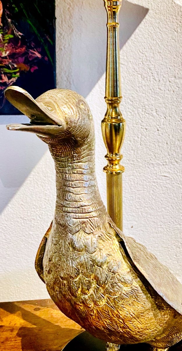  Maison Charles Sculture Mandarin Duck Lamp In Gilt Bronze Pagoda Lampshade In Raffia -photo-4