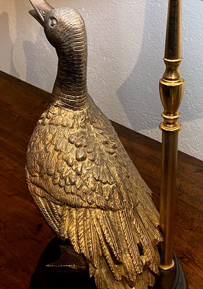  Maison Charles Sculture Mandarin Duck Lamp In Gilt Bronze Pagoda Lampshade In Raffia -photo-6