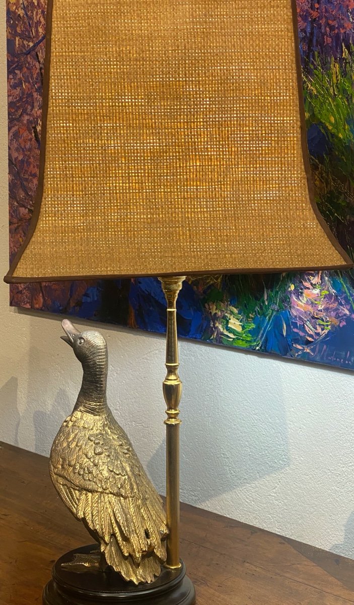  Maison Charles Sculture Mandarin Duck Lamp In Gilt Bronze Pagoda Lampshade In Raffia -photo-8