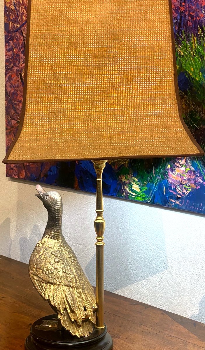  Maison Charles Sculture Mandarin Duck Lamp In Gilt Bronze Pagoda Lampshade In Raffia 