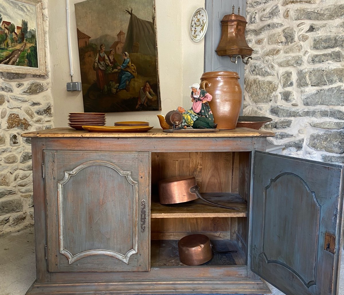Bahut  Provençal    Epoque Louis XIV- Régence    à Deux  Vantaux  à Patine   Vieux Gris Bleu -photo-1