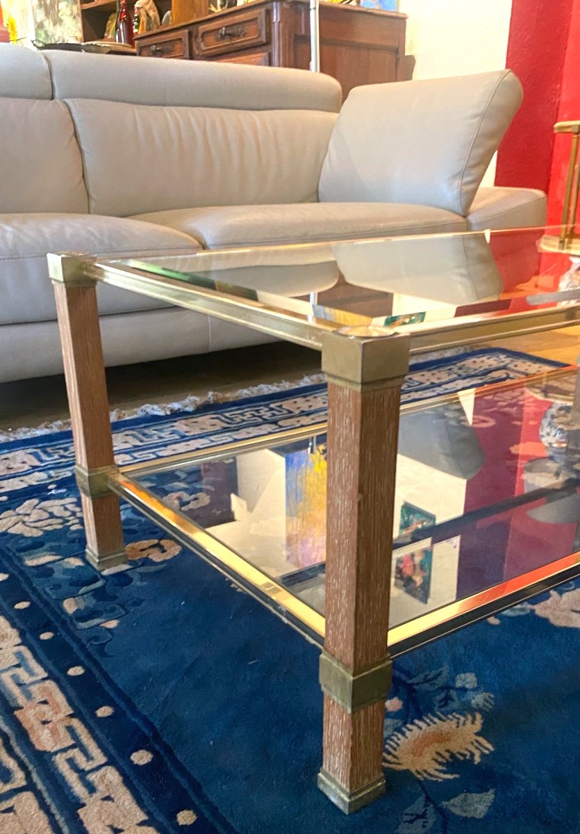 Table Basse Design  De Pierre Vandel  Paris 1970    Plateaux En Verre  Bizotés Laiton  Et  Bois-photo-2
