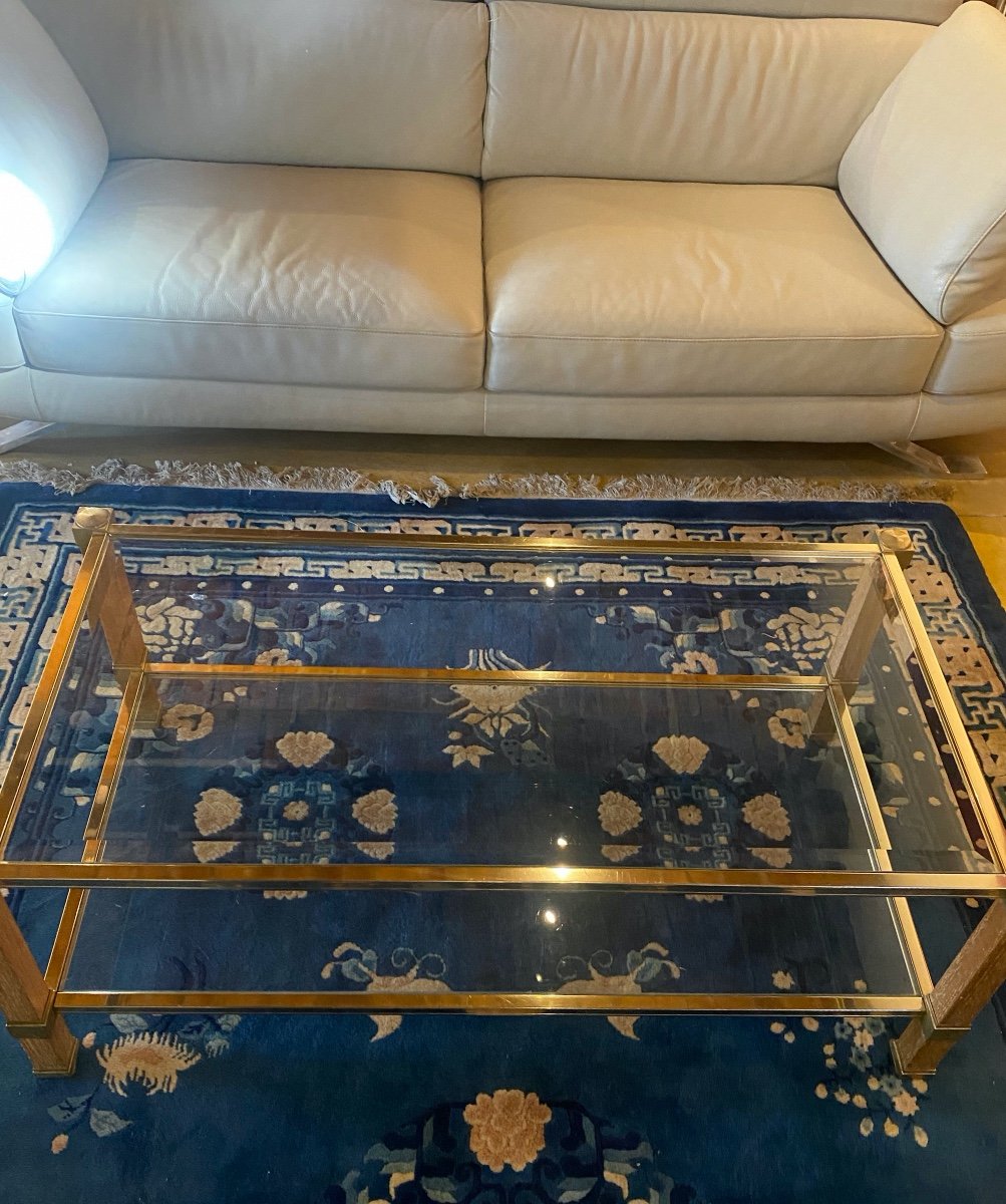 Table Basse Design  De Pierre Vandel  Paris 1970    Plateaux En Verre  Bizotés Laiton  Et  Bois-photo-4