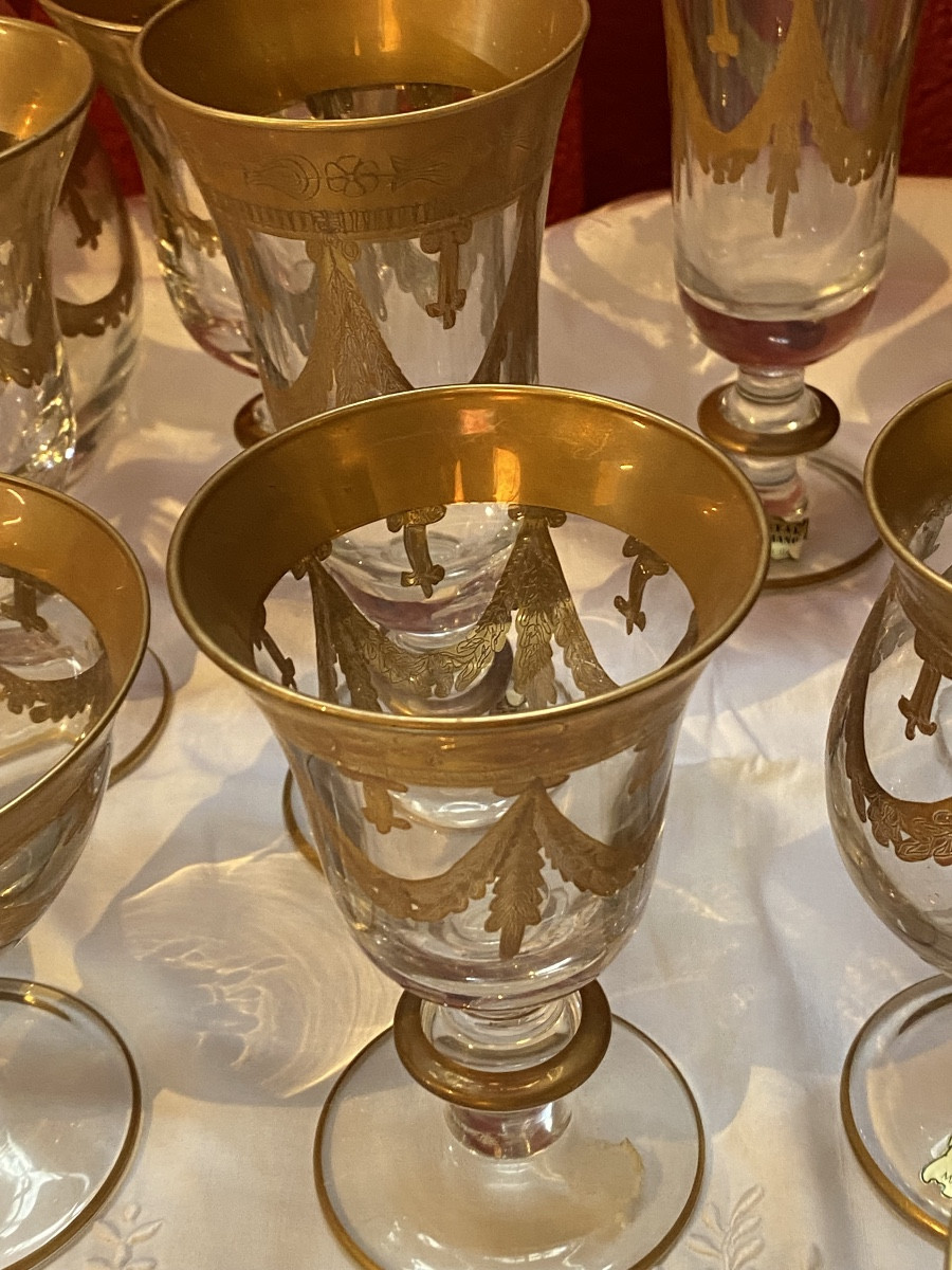 Cristal De  Murano    30 Verres   2  Carafes  Vin  1 à Eau   Décor A La Feuille d'Or  état Neuf-photo-4