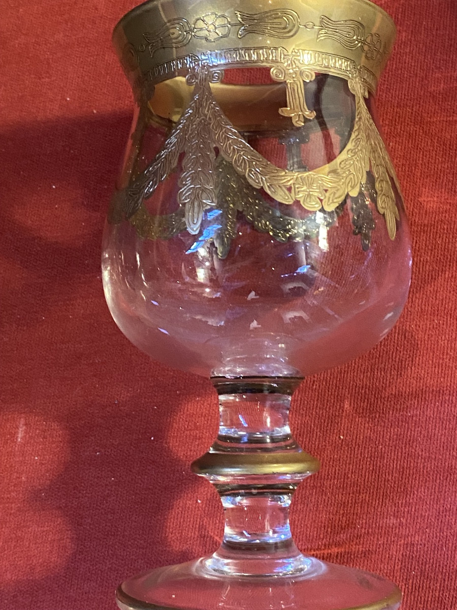 Murano Crystal 30 Glasses 2 Wine Carafes 1 Water Carafe Gold Leaf Decor Mint Condition-photo-3