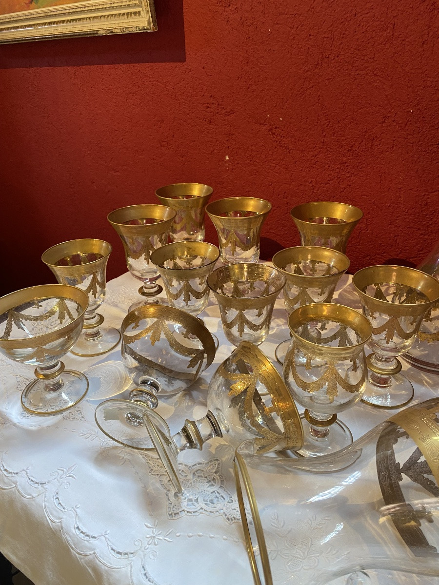Cristal De  Murano    30 Verres   2  Carafes  Vin  1 à Eau   Décor A La Feuille d'Or  état Neuf-photo-1