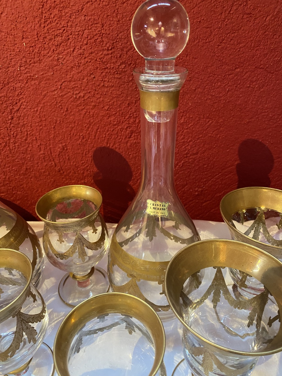 Cristal De  Murano    30 Verres   2  Carafes  Vin  1 à Eau   Décor A La Feuille d'Or  état Neuf-photo-2